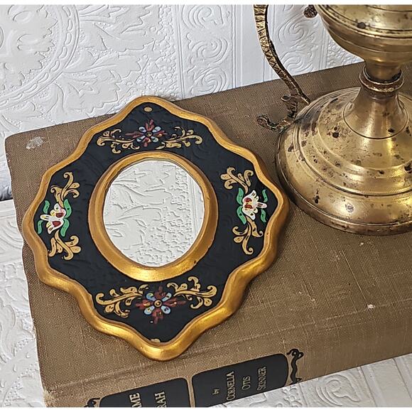 Vintage Reverse Painted Glass Mirror Black Gold Gilded Frame Whimsygoth Baroque - Picture 1 of 7